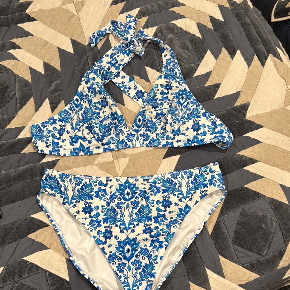Blue and white bikini